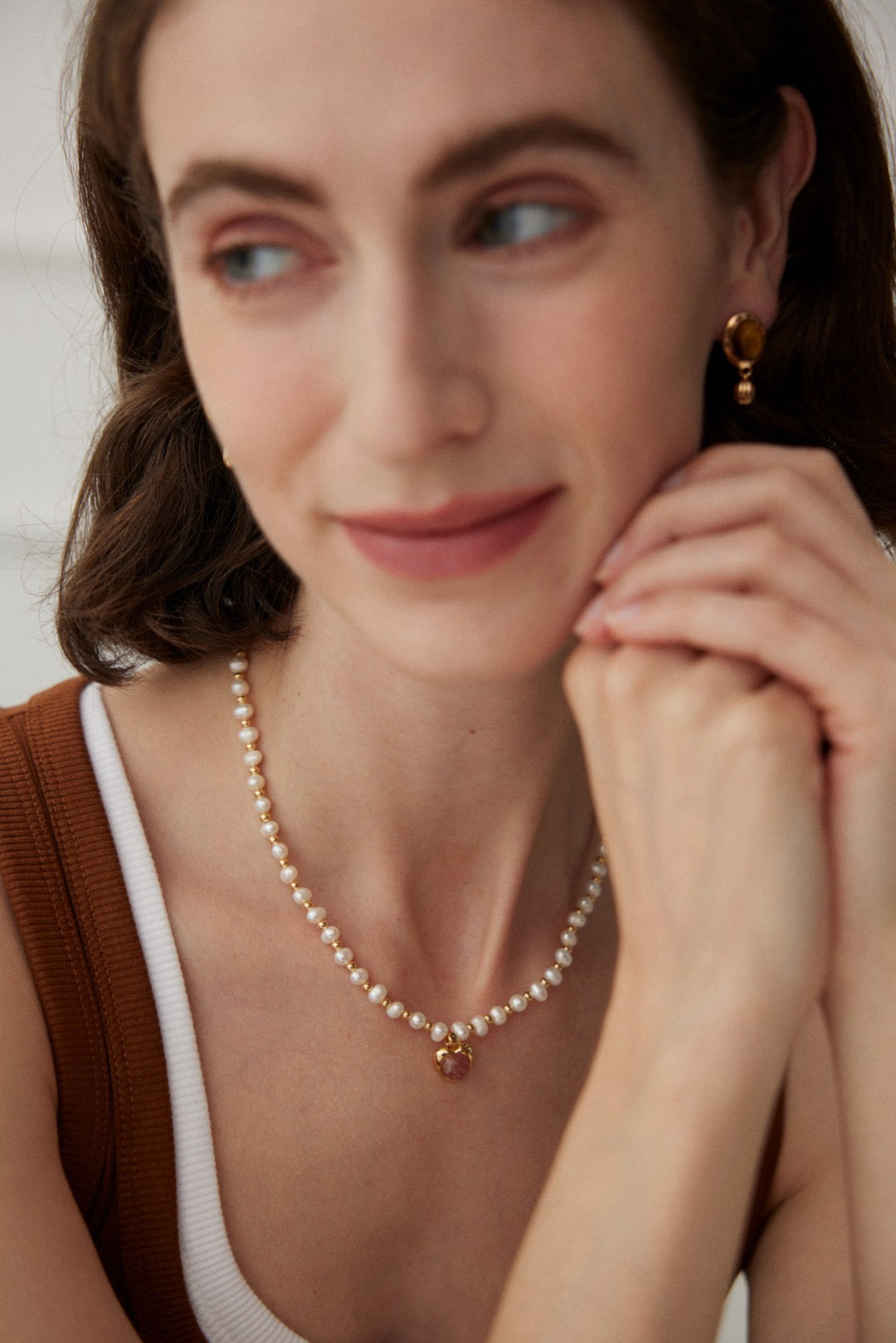 Pearl Necklace with Strawberry Quartz